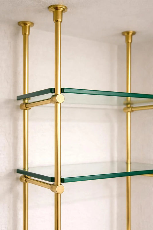 brass glass bar shelf ceiling mounted design