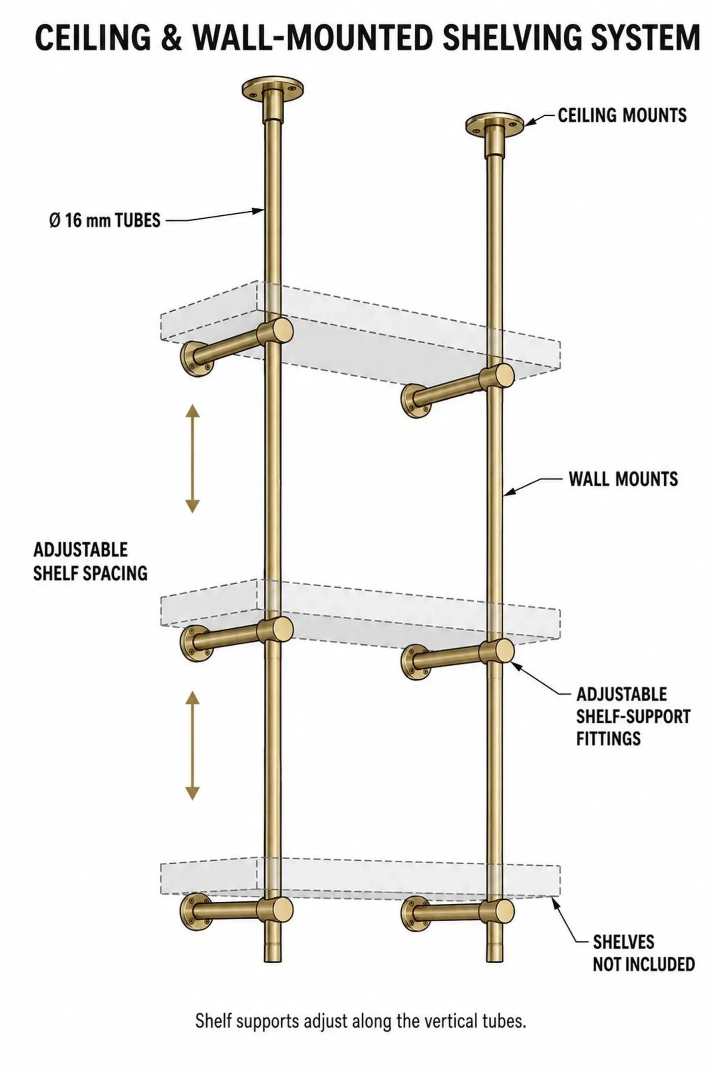 Brass Ceiling Mounted Shef rail | 3-Tier Bar & Kitchen Shelf