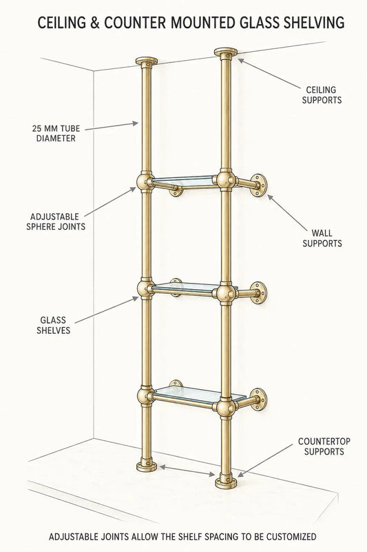 Brass & Glass Ceiling Mounted Shelving | 3-Tier Bar & Kitchen Shelf