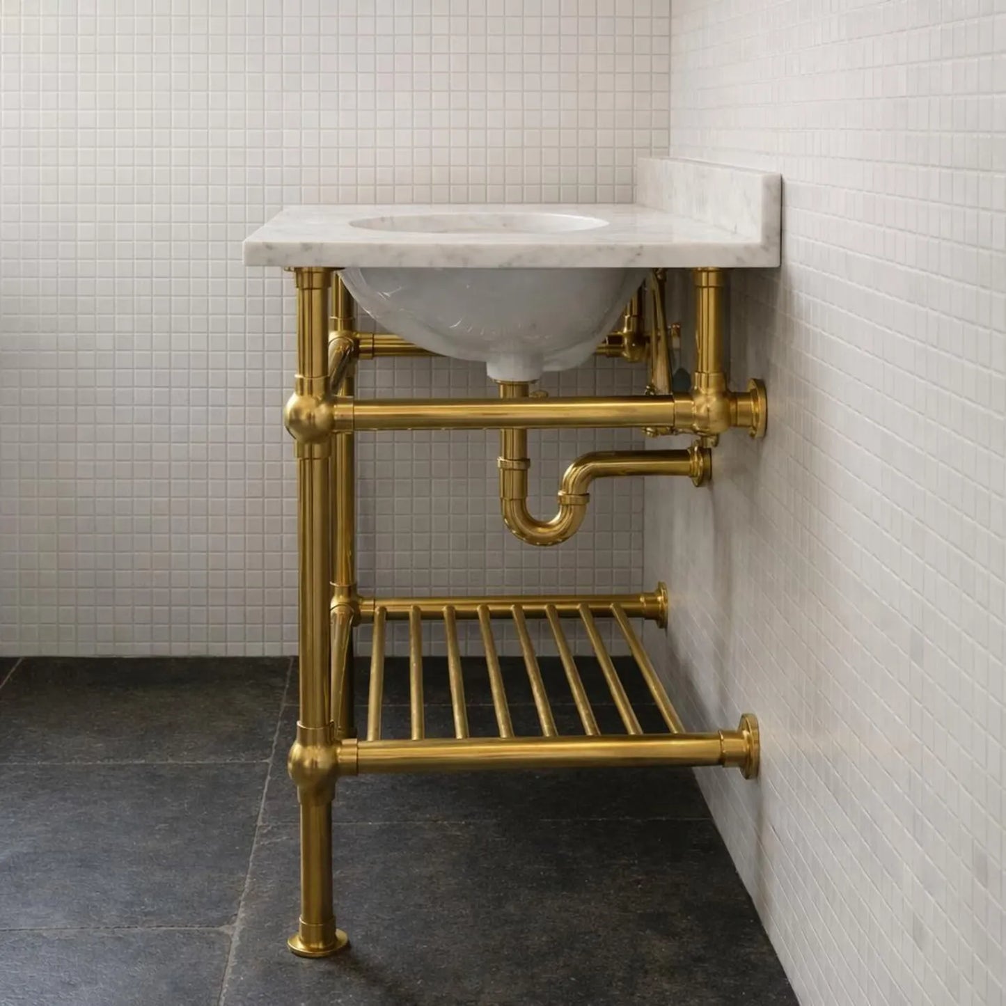 brass console sink base marble countertop