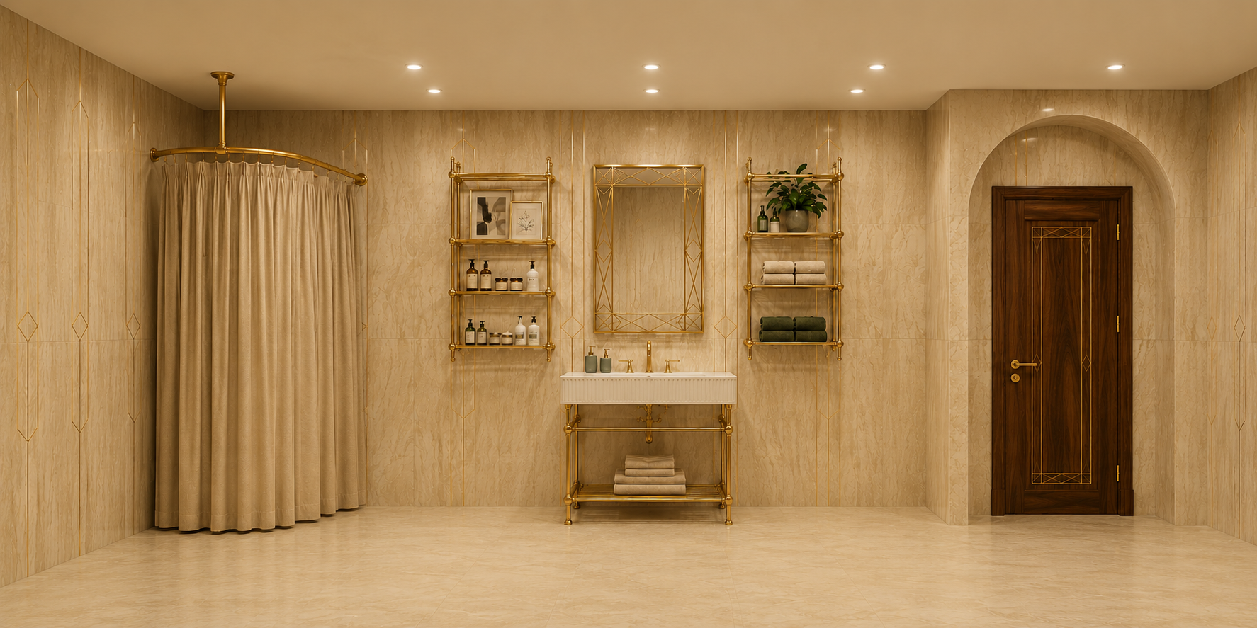 Bathroom with wooden walls, shelves, and a sink.