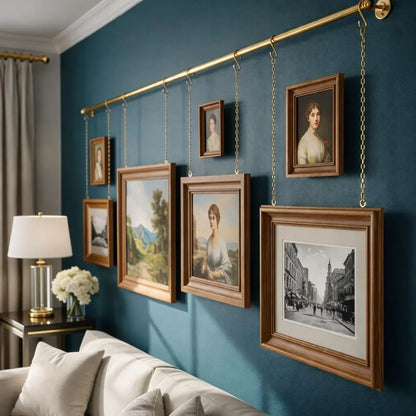 brass picture rail system with chains wall hanging frame