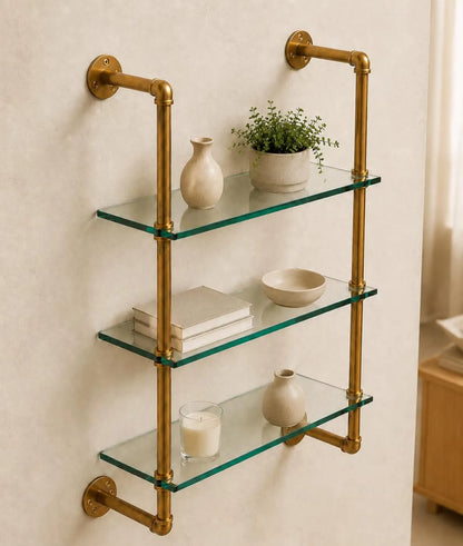 Solid Brass & Glass Wall Mounted Shelving | 3-Tier Custom Shelf