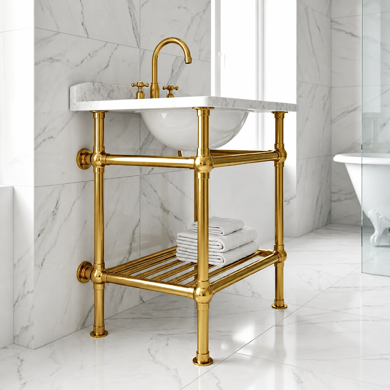 Gold bathroom vanity with white marble countertop and sink in a marble bathroom.