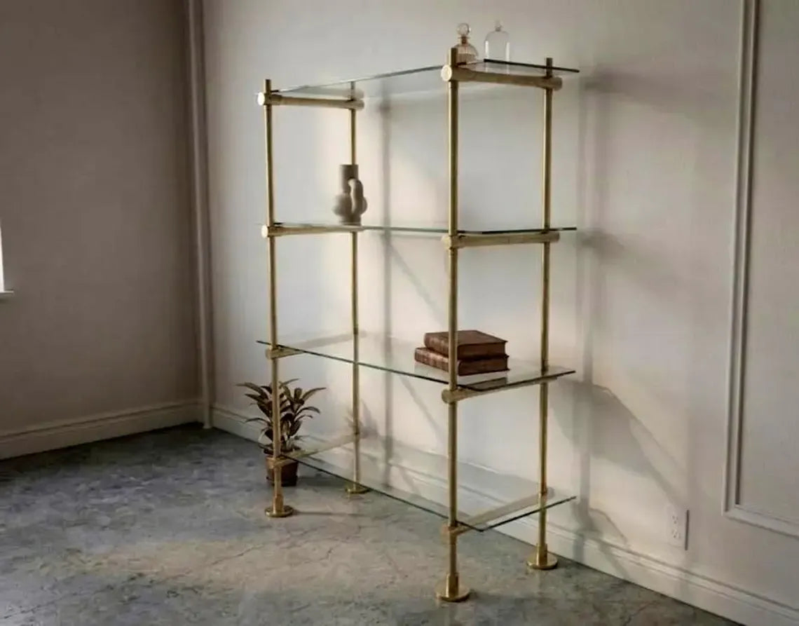 Brass Glass Bar Shelf, Freestanding Home Bar Shelving with Floor Supports
