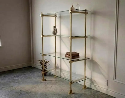 Brass Glass Bar Shelf, Freestanding Home Bar Shelving with Floor Supports