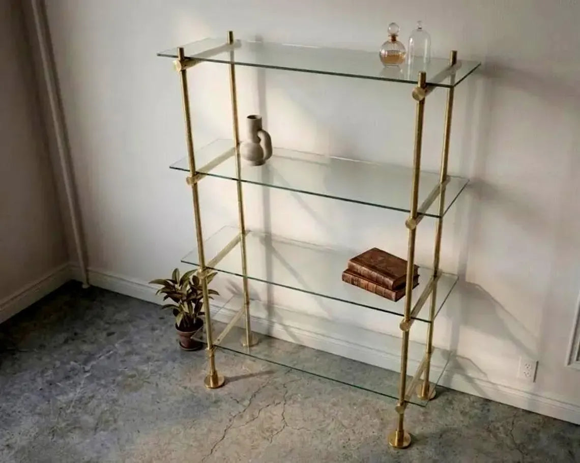 Brass Glass Bar Shelf, Freestanding Home Bar Shelving with Floor Supports