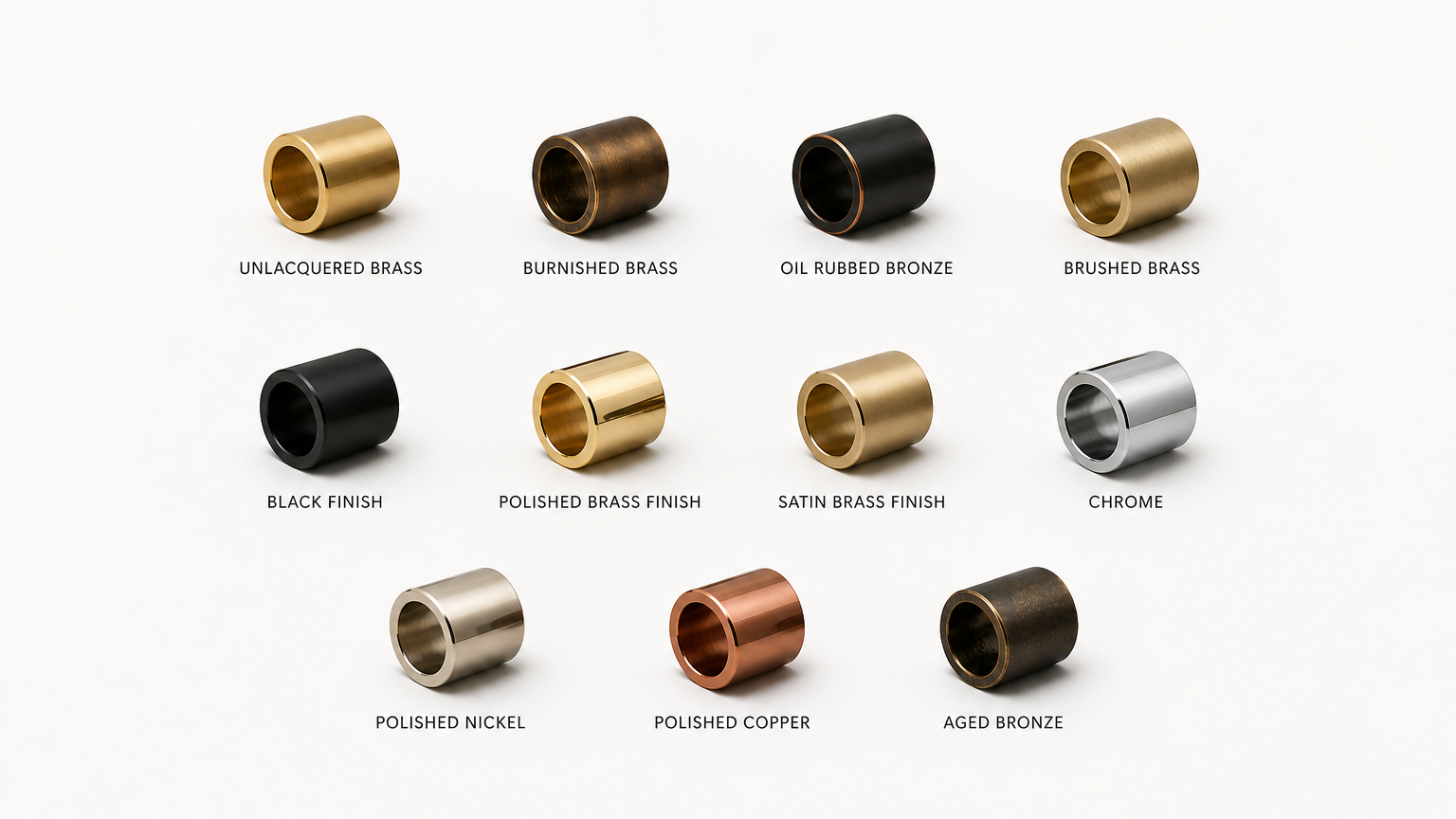 Collection of brass hardware in various finishes on a white background