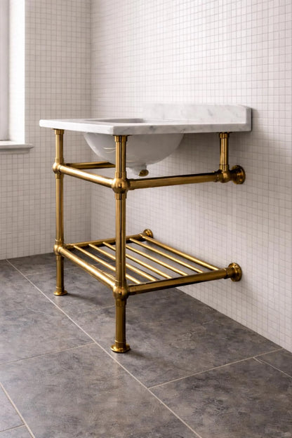 brass sink console base with bottom shelf
