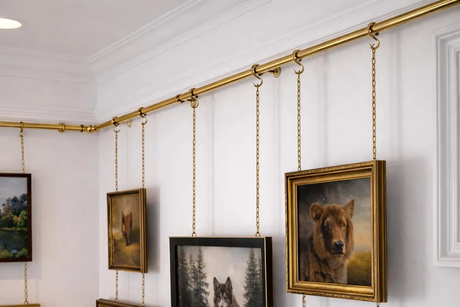 brass picture rail system with chains wall hanging frame