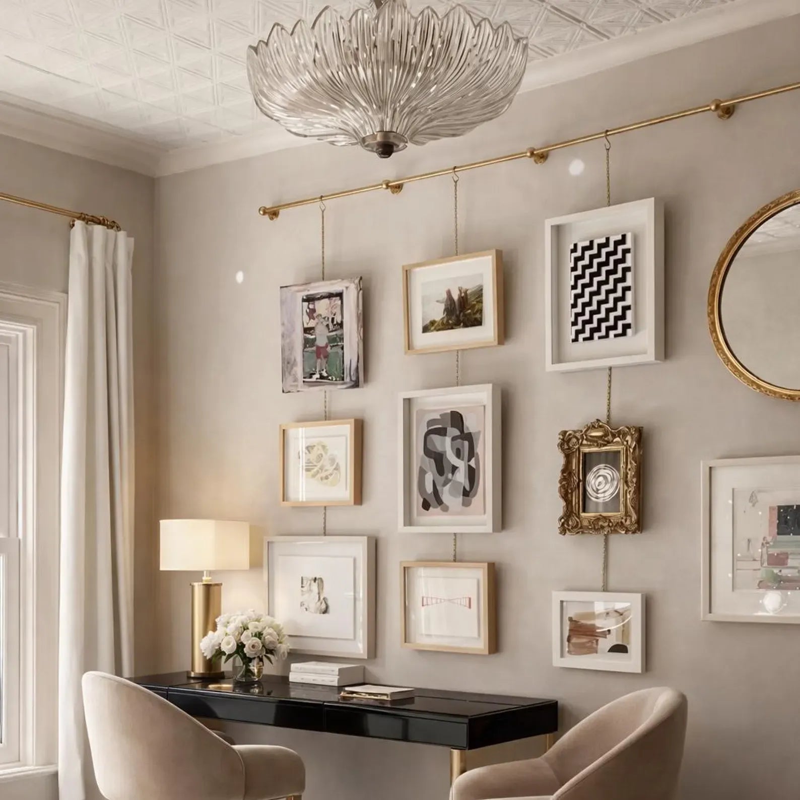 brass picture rail system with chains wall hanging frame
