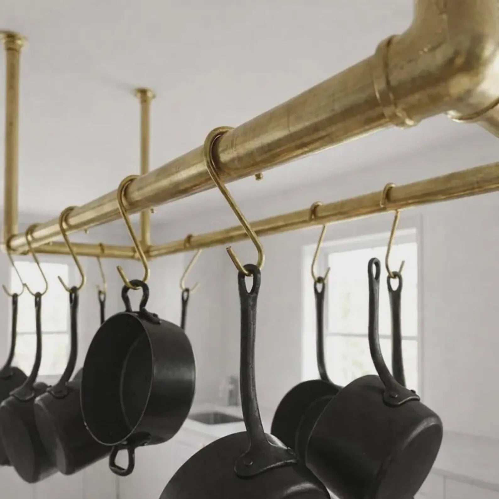 ceiling mounted brass pot rack with s hooks kitchen rail