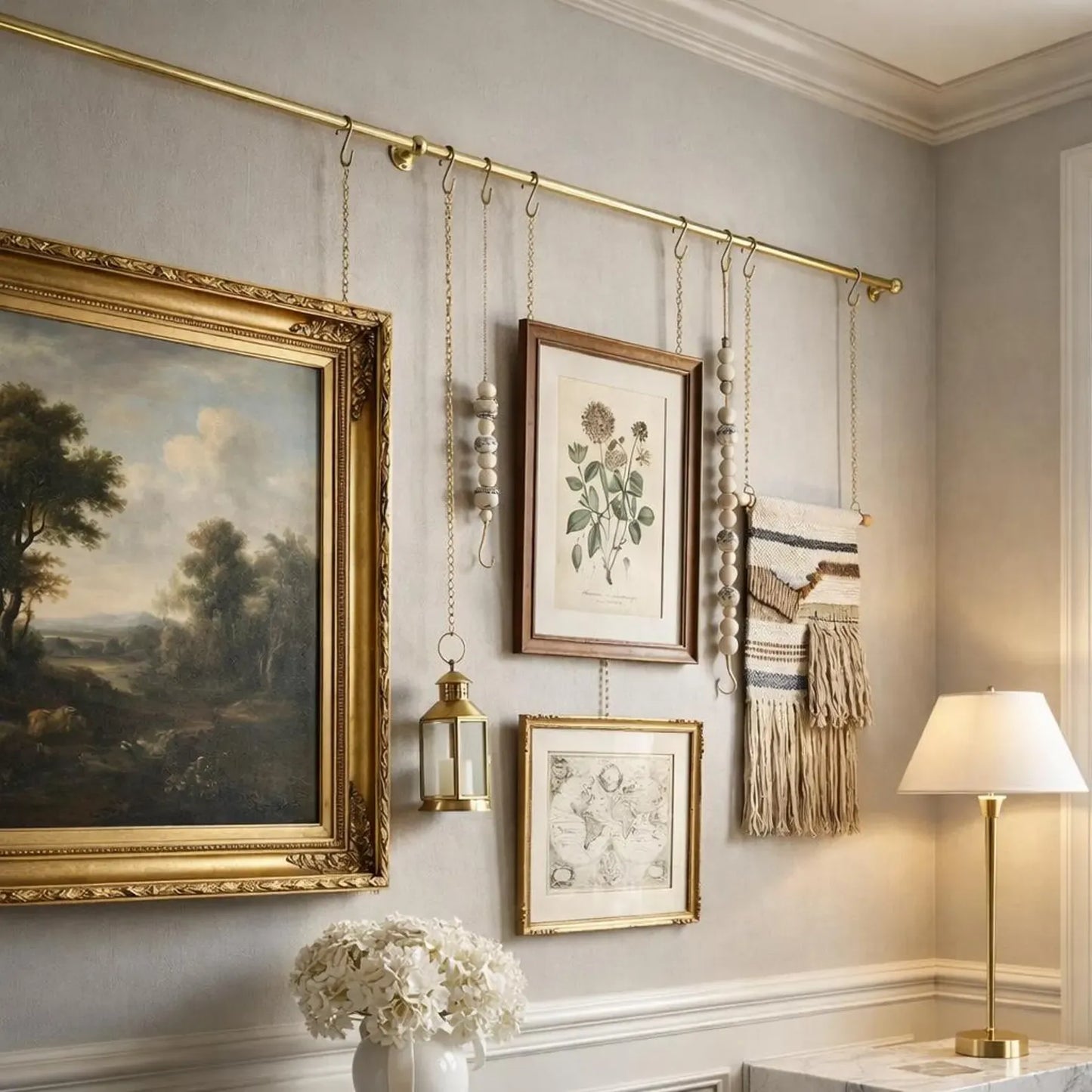 brass picture rail system with chains wall hanging frame