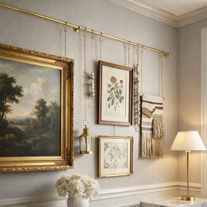 brass picture rail system with chains wall hanging frame