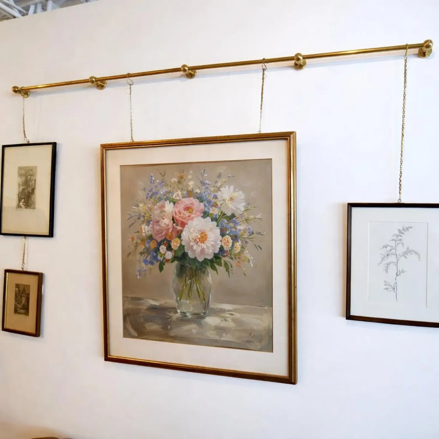 brass picture rail system with chains wall hanging frame