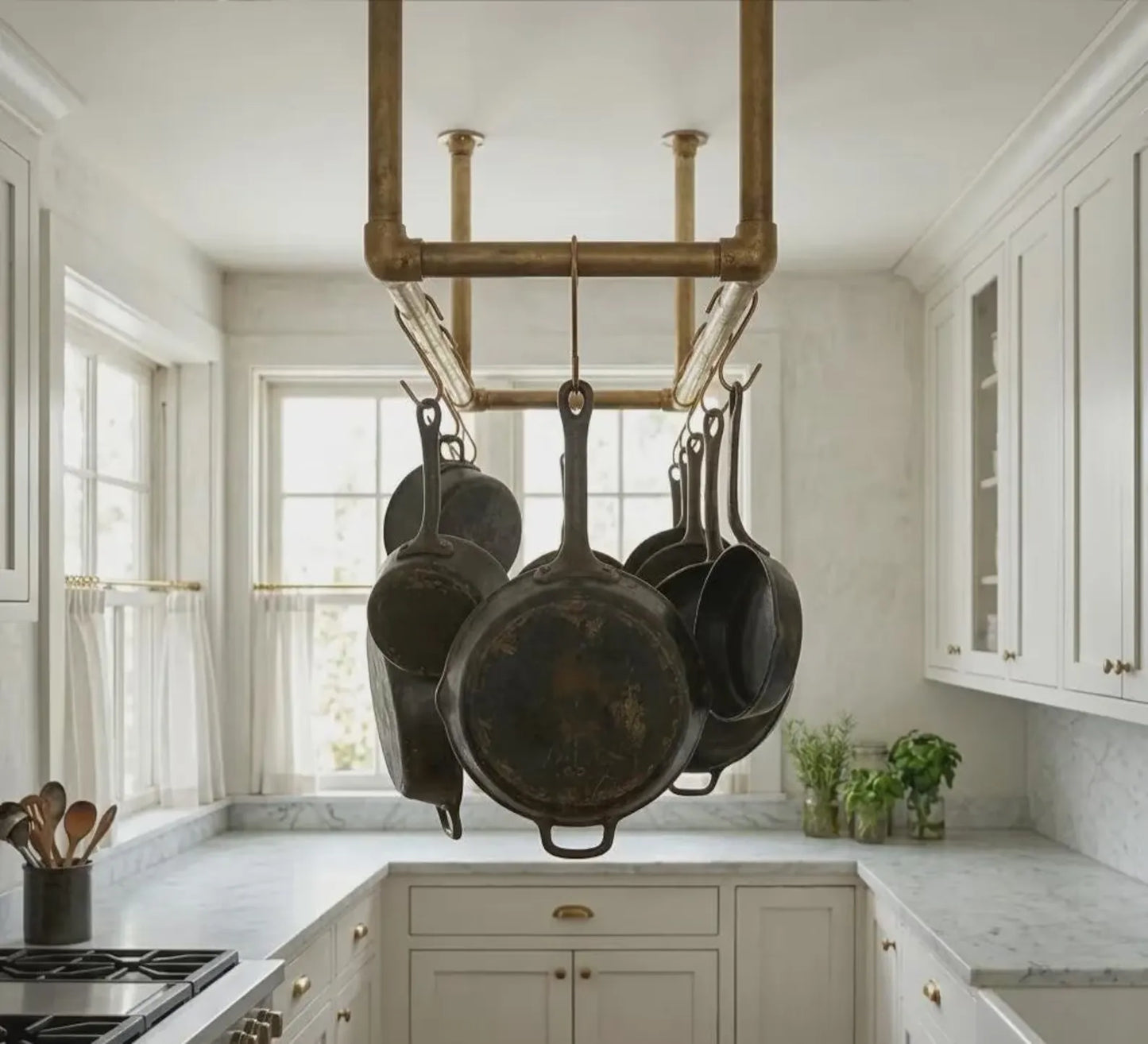 ceiling mounted brass pot rack with s hooks kitchen rail