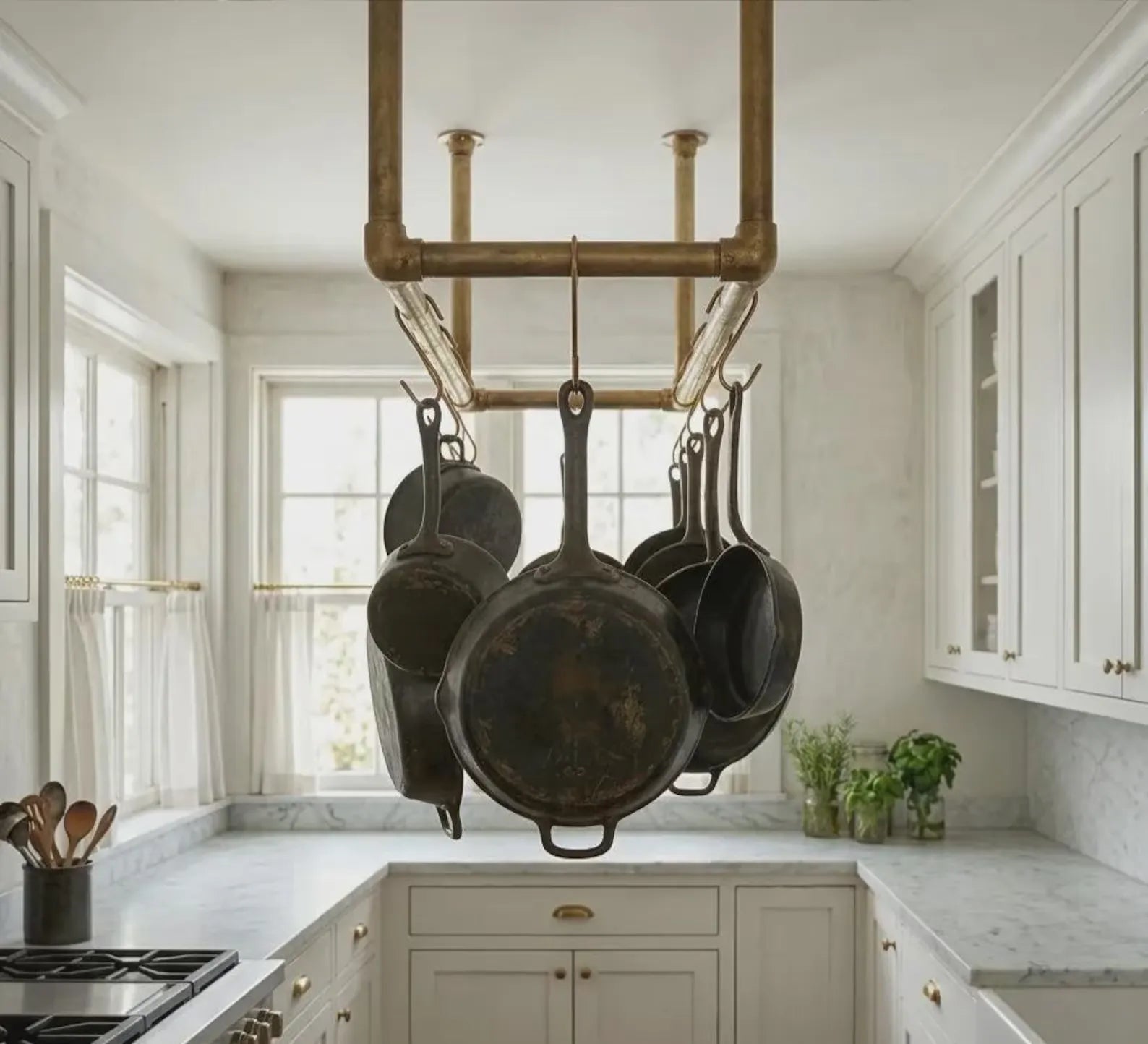 ceiling mounted brass pot rack with s hooks kitchen rail