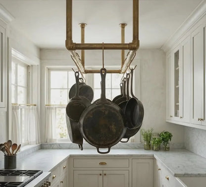 ceiling mounted brass pot rack with s hooks kitchen rail