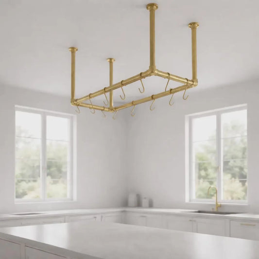 ceiling mounted brass pot rack with s hooks kitchen rail