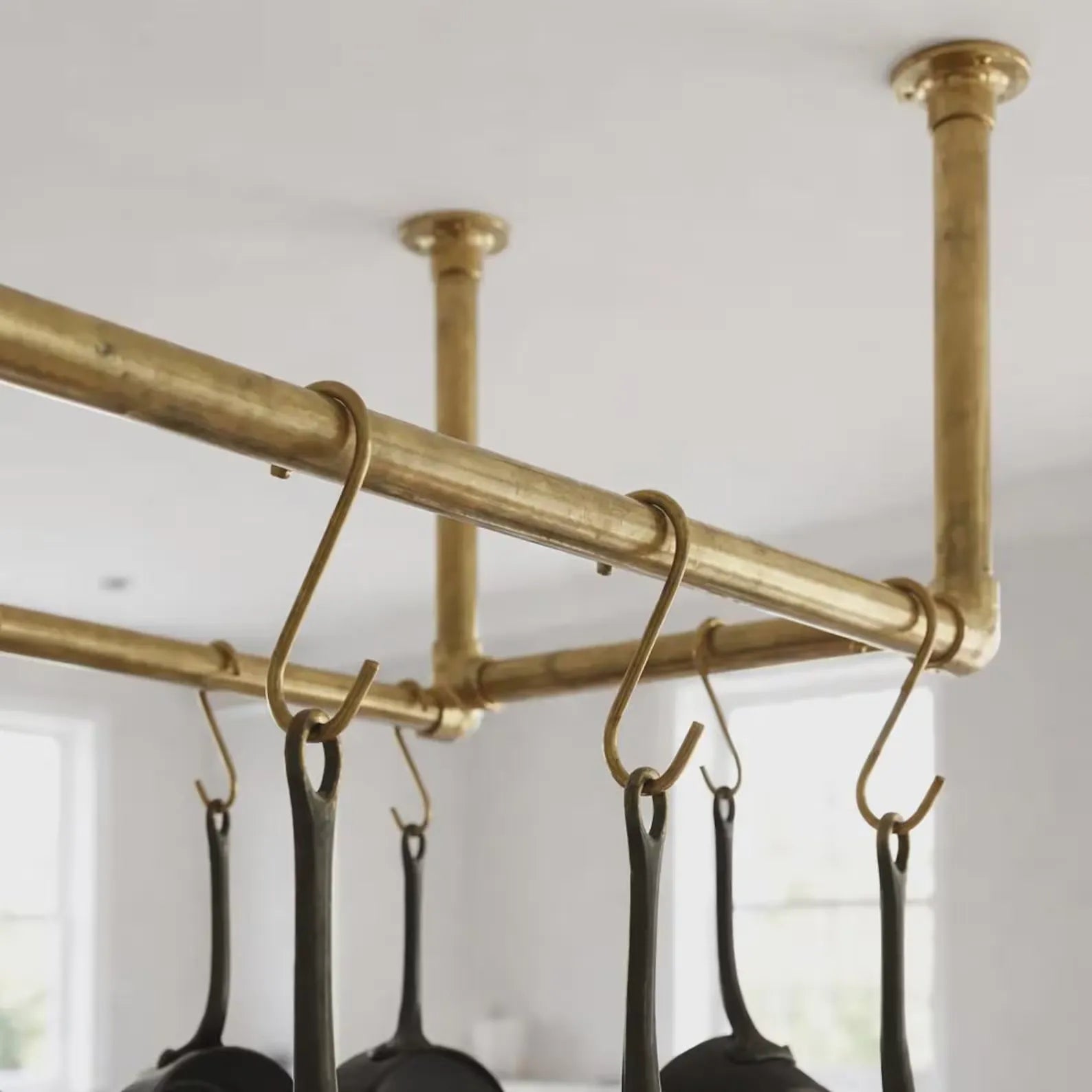 ceiling mounted brass pot rack with s hooks kitchen rail