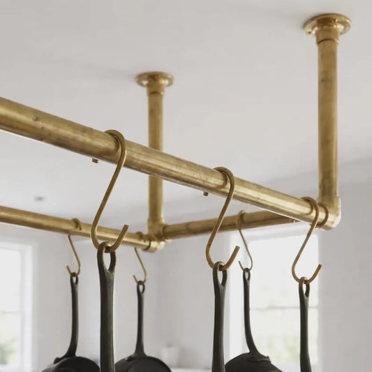 ceiling mounted brass pot rack with s hooks kitchen rail