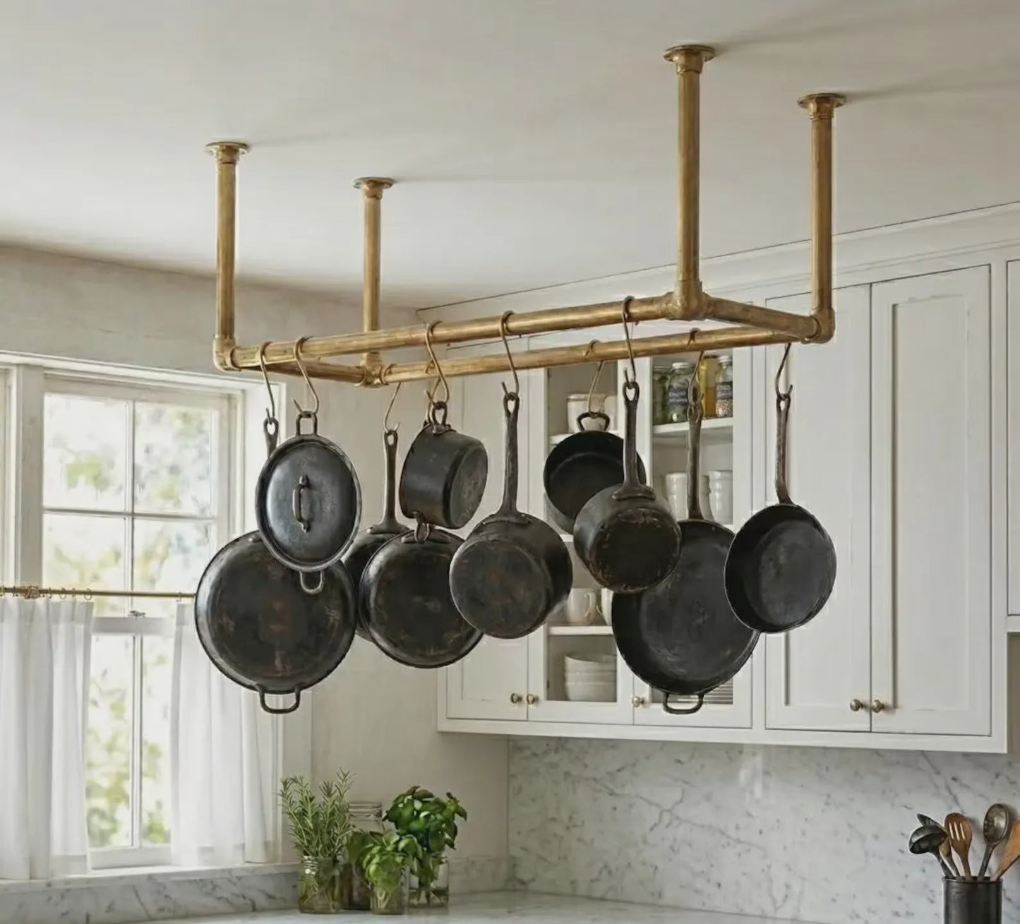 ceiling mounted brass pot rack with s hooks kitchen rail