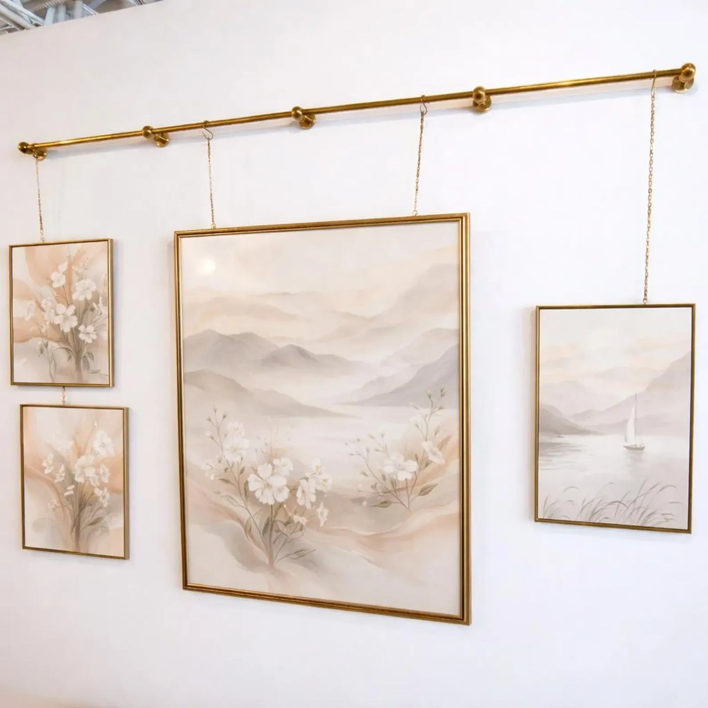 brass picture rail system with chains wall hanging frame