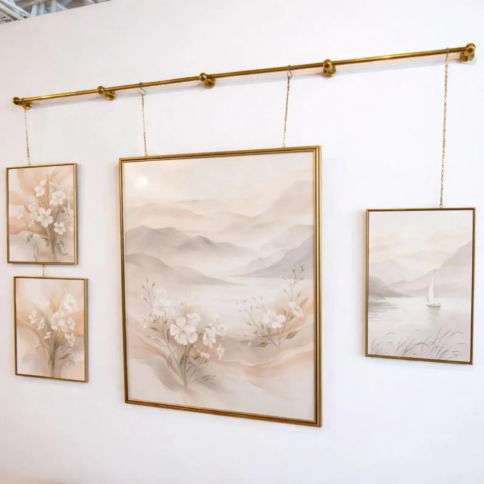 brass picture rail system with chains wall hanging frame