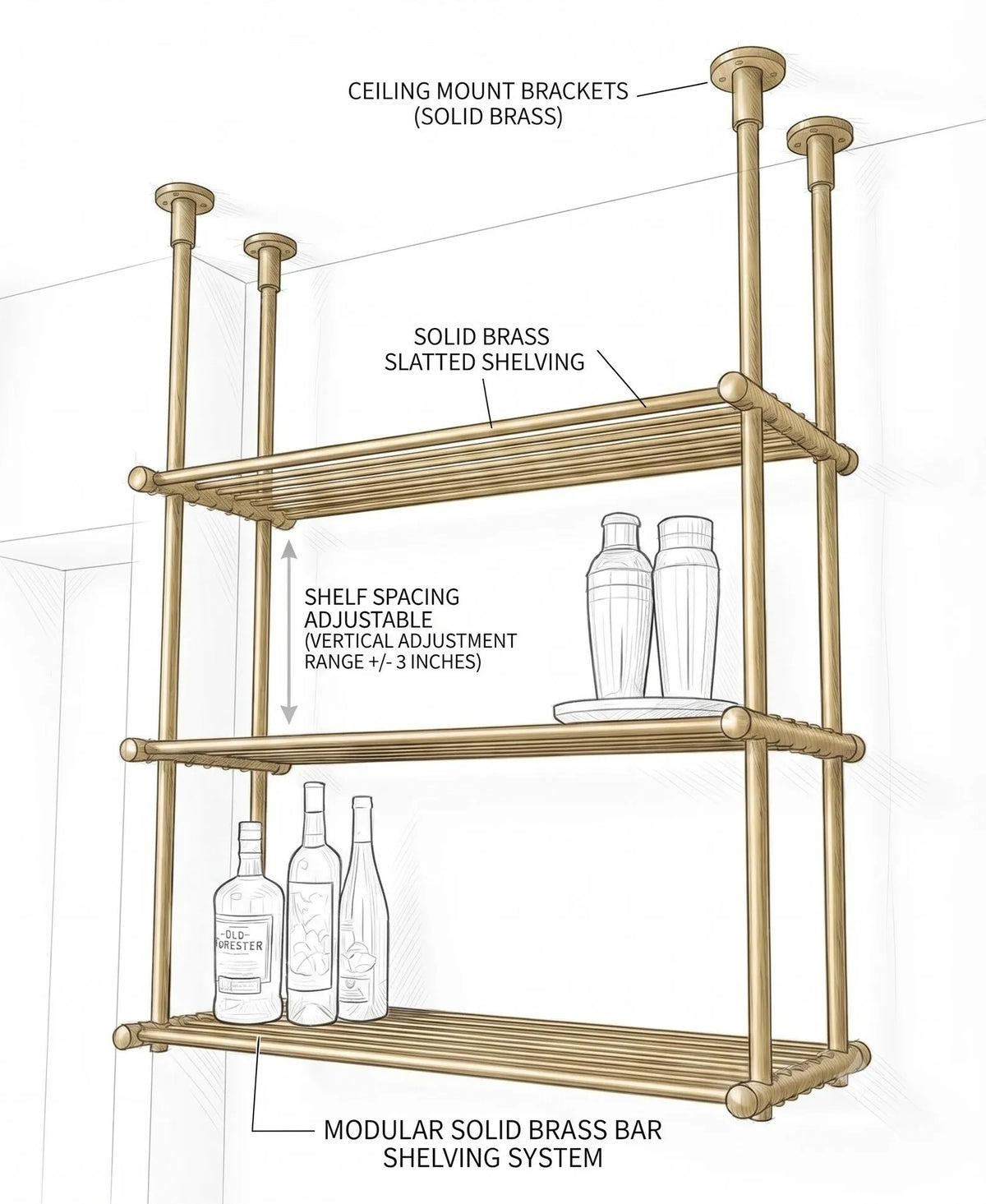 Brass Ceiling Mount Shelf Rail, Bar shelving system