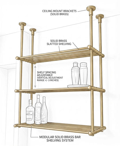 Brass Ceiling Mount Shelf Rail, Bar shelving system