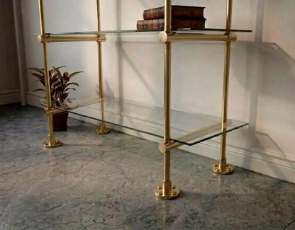 Brass Glass Bar Shelf, Freestanding Home Bar Shelving with Floor Supports