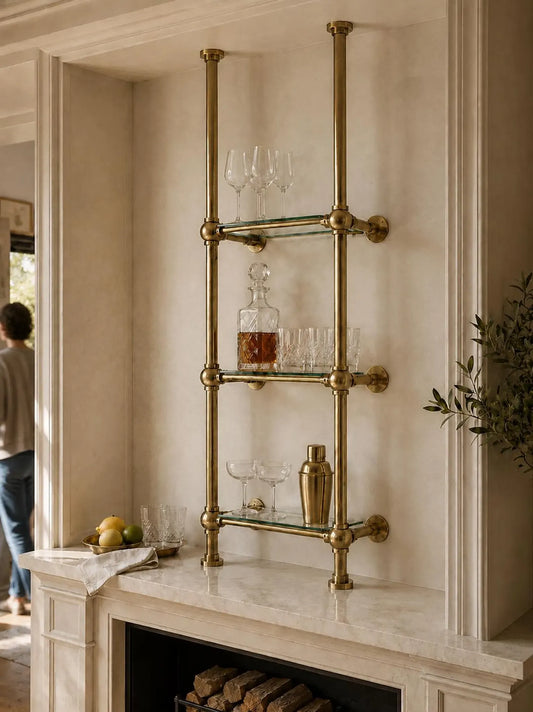 Brass & Glass Ceiling Mounted Shelving | 3-Tier Bar & Kitchen Shelf
