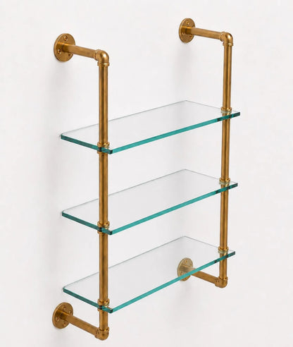 Solid Brass & Glass Wall Mounted Shelving | 3-Tier Custom Shelf