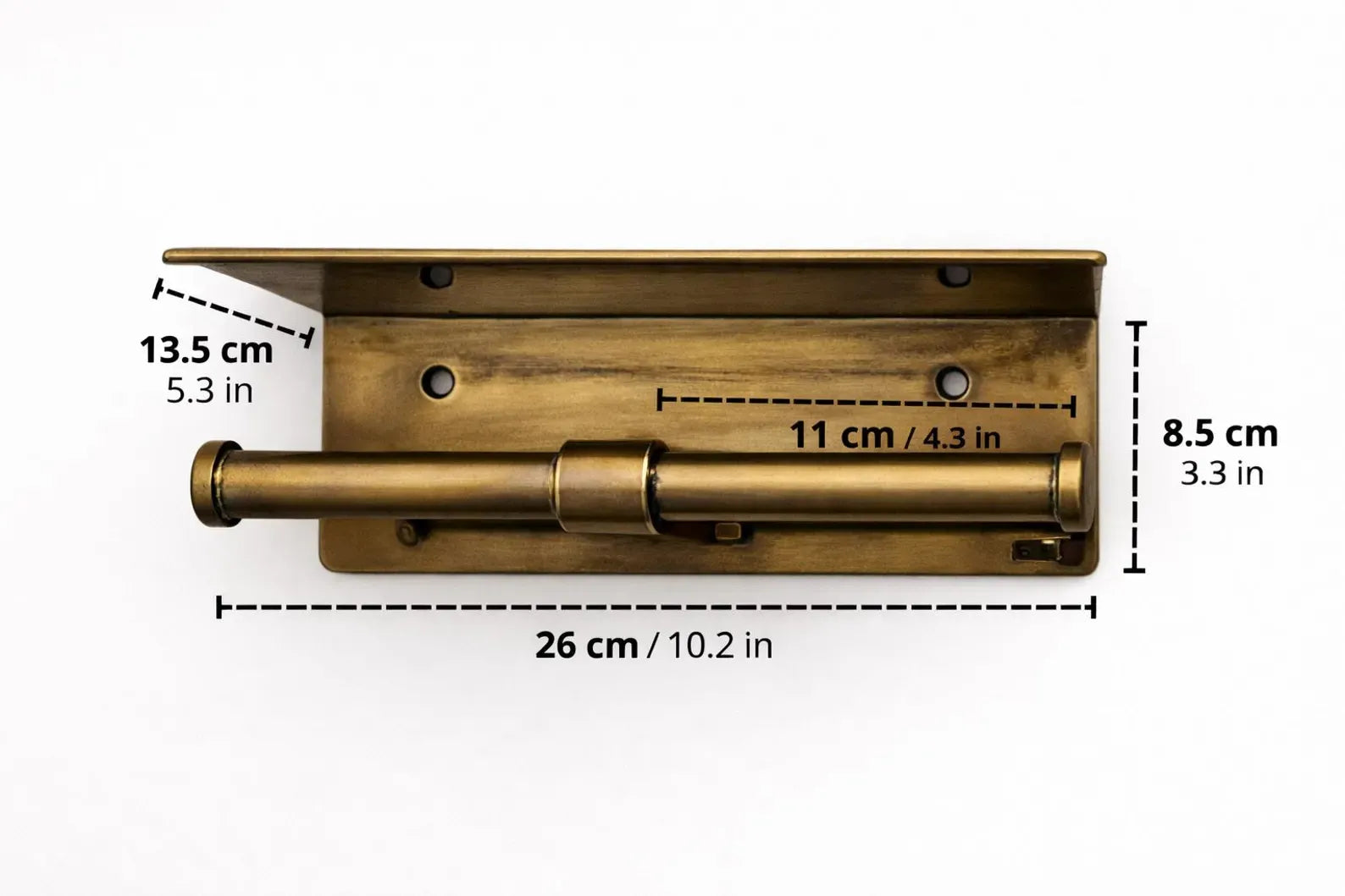 Wall mounted toilet paper holder with double brass shelf, showcasing elegance in a modern bathroom setting.