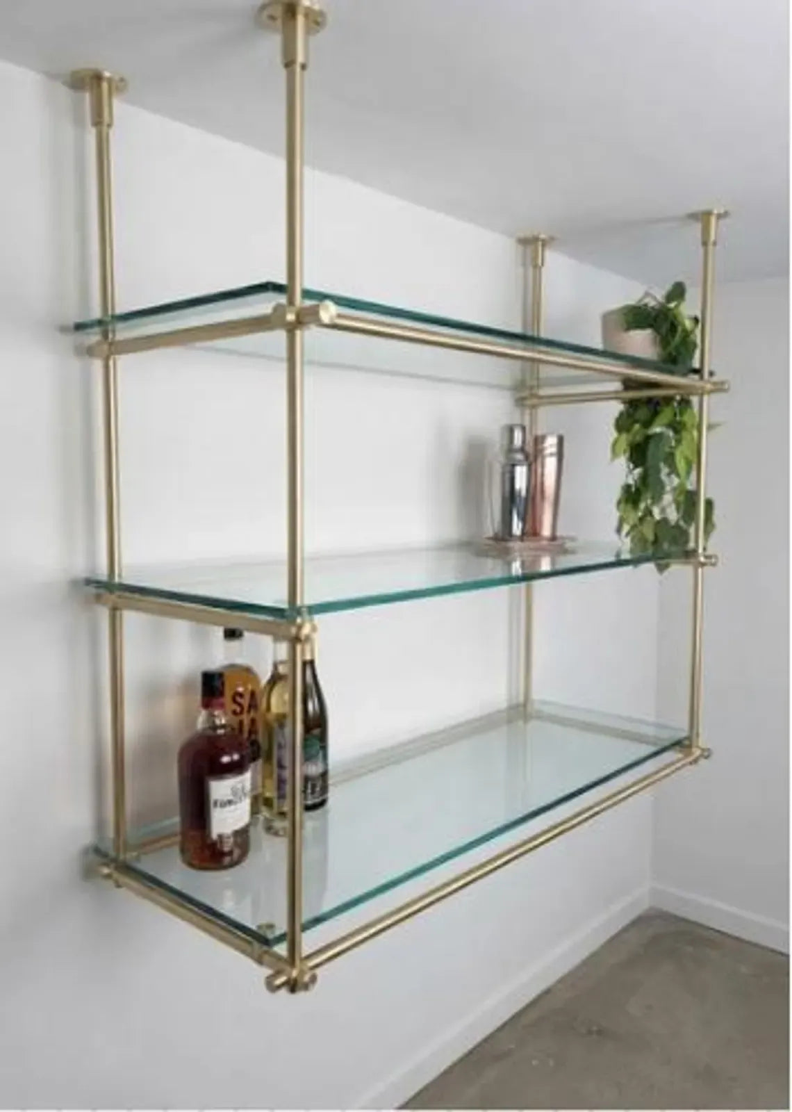 Brass Ceiling-Mounted Glass Shelf, Bar shelving