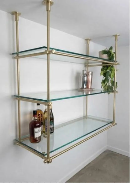 Brass Ceiling-Mounted Glass Shelf, Bar shelving