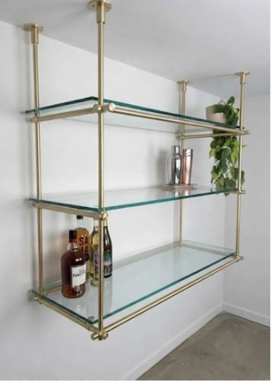 Brass Ceiling-Mounted Glass Shelf, Bar shelving