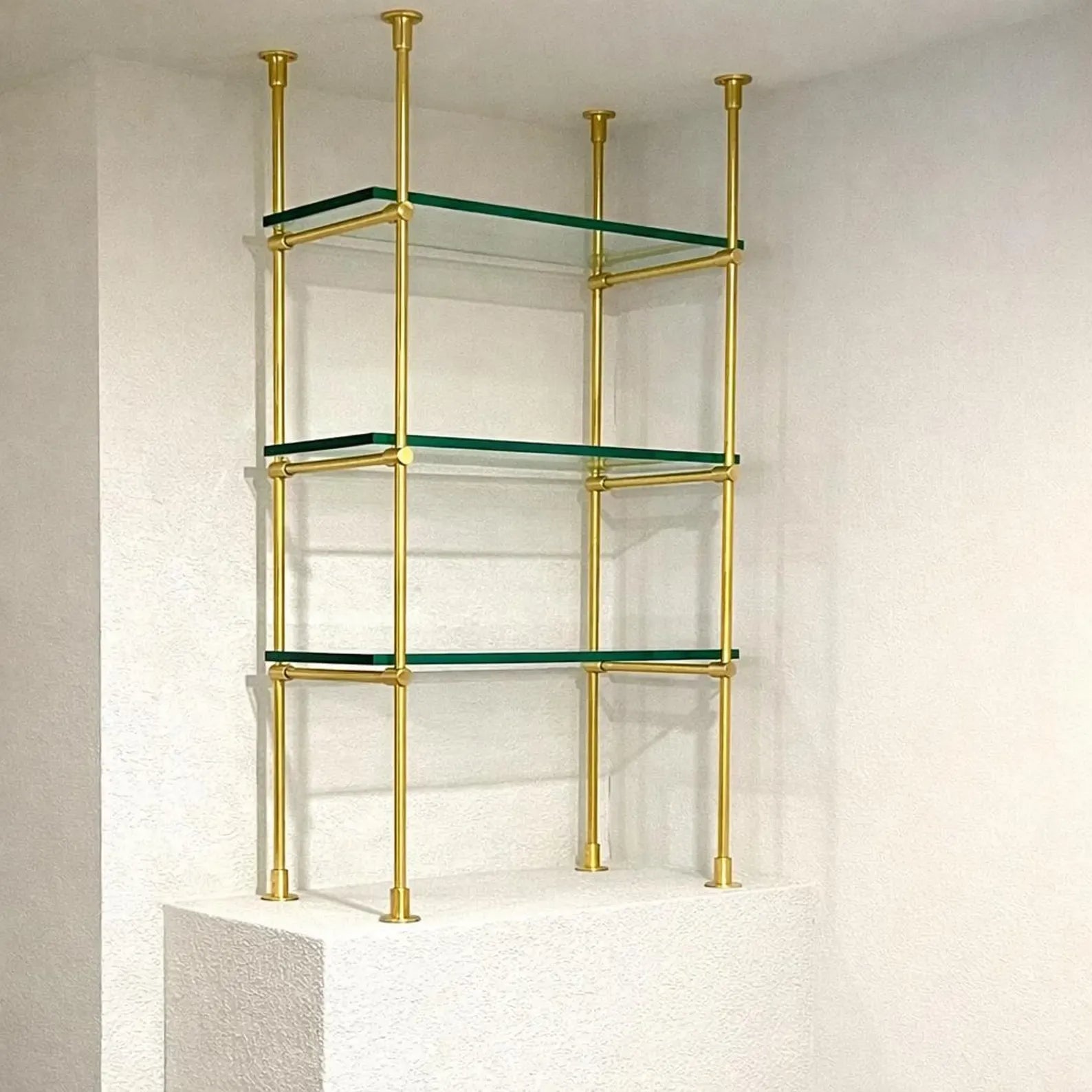 brass glass bar shelf ceiling mounted design