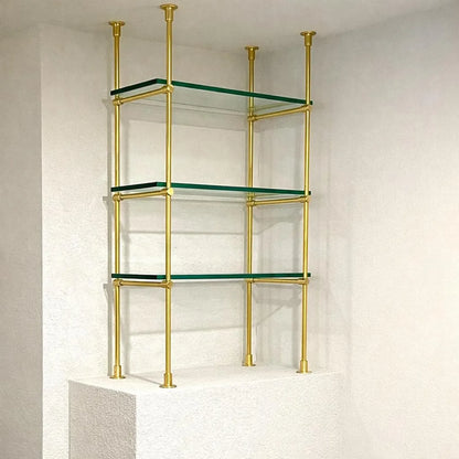 brass glass bar shelf ceiling mounted design