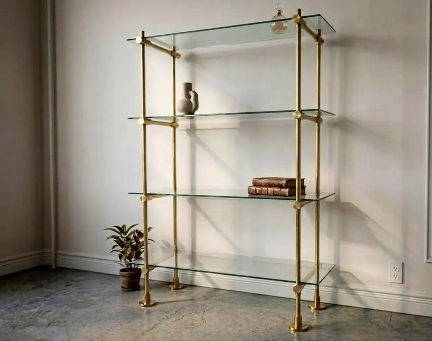 Brass Glass Bar Shelf, Freestanding Home Bar Shelving with Floor Supports