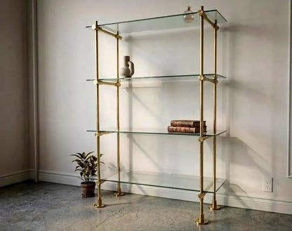 Brass Glass Bar Shelf, Freestanding Home Bar Shelving with Floor Supports