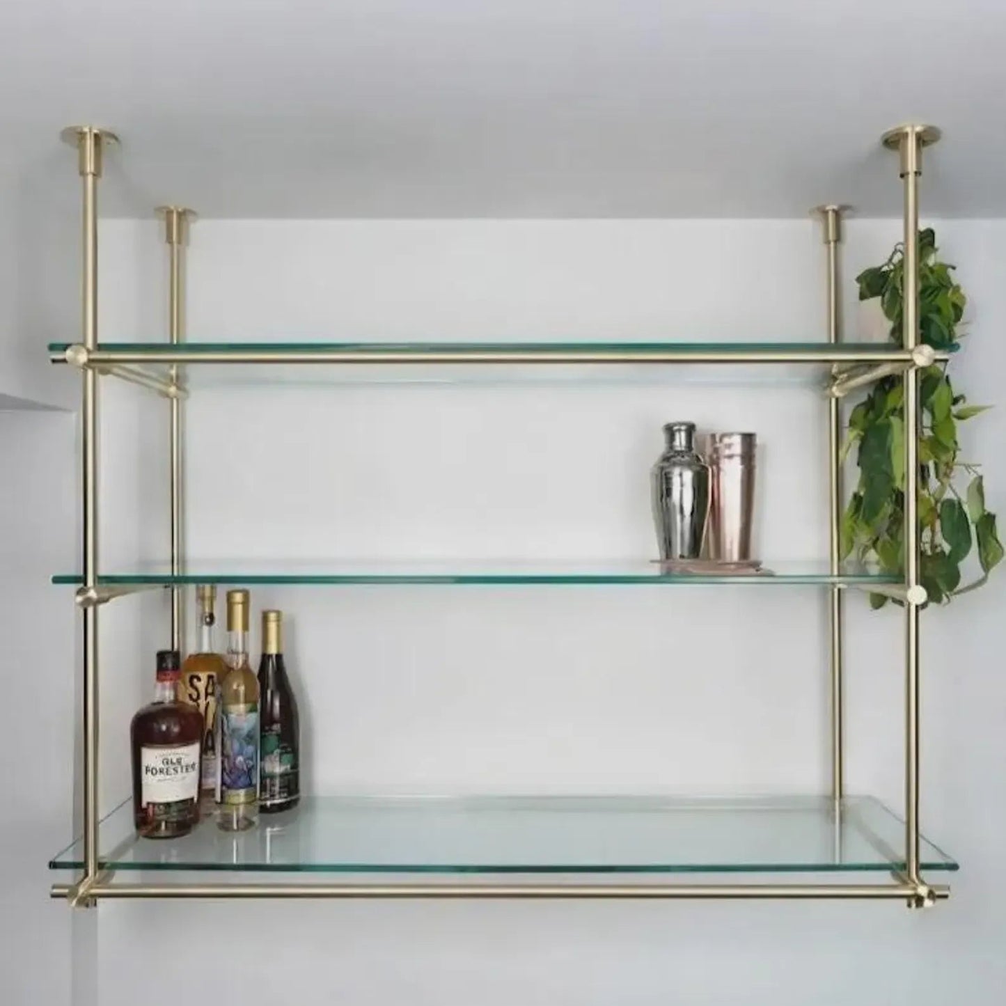 Brass Ceiling-Mounted Glass Shelf, Bar shelving
