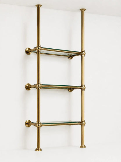 Brass & Glass Ceiling Mounted Shelving | 3-Tier Bar & Kitchen Shelf