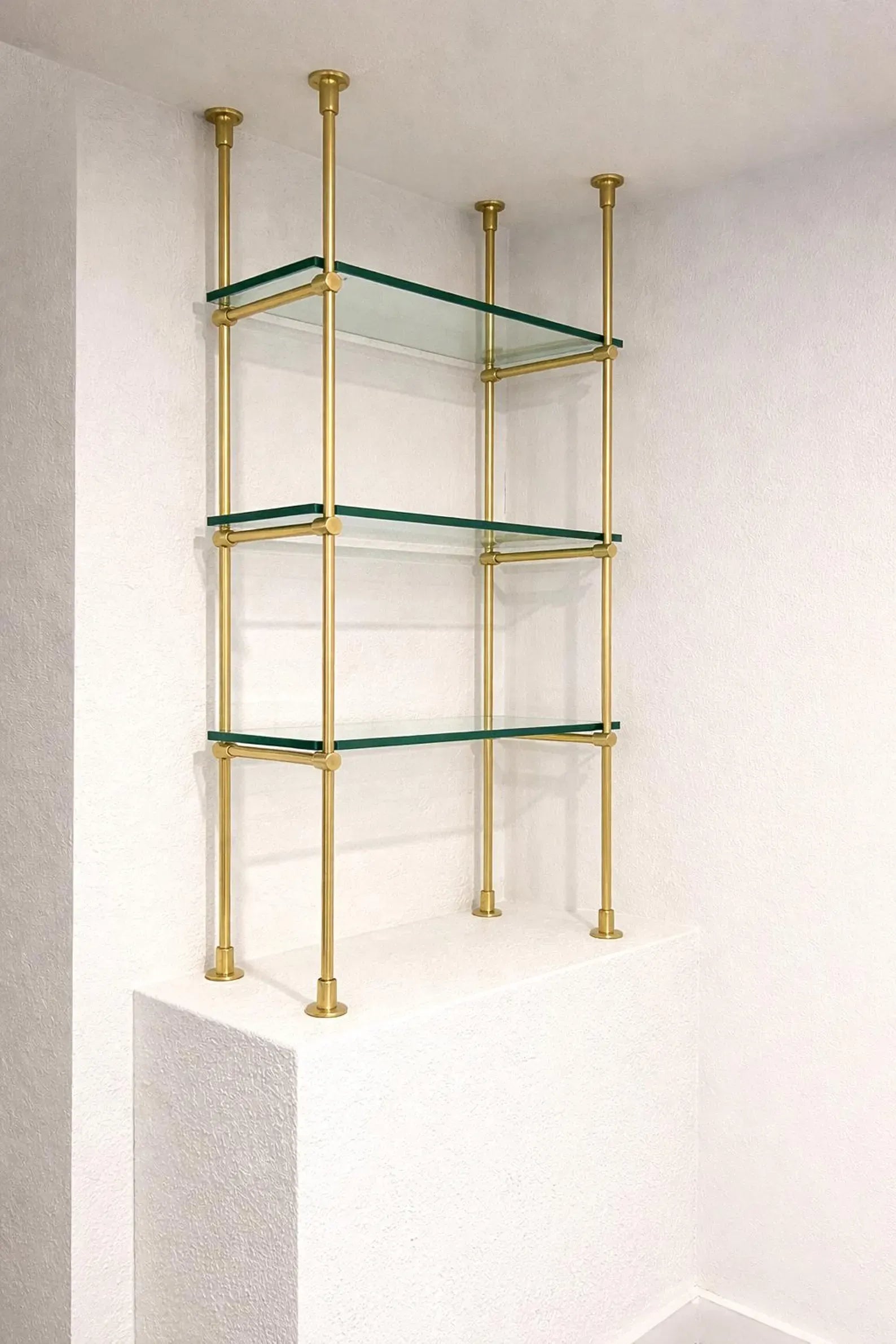 brass glass bar shelf ceiling mounted design