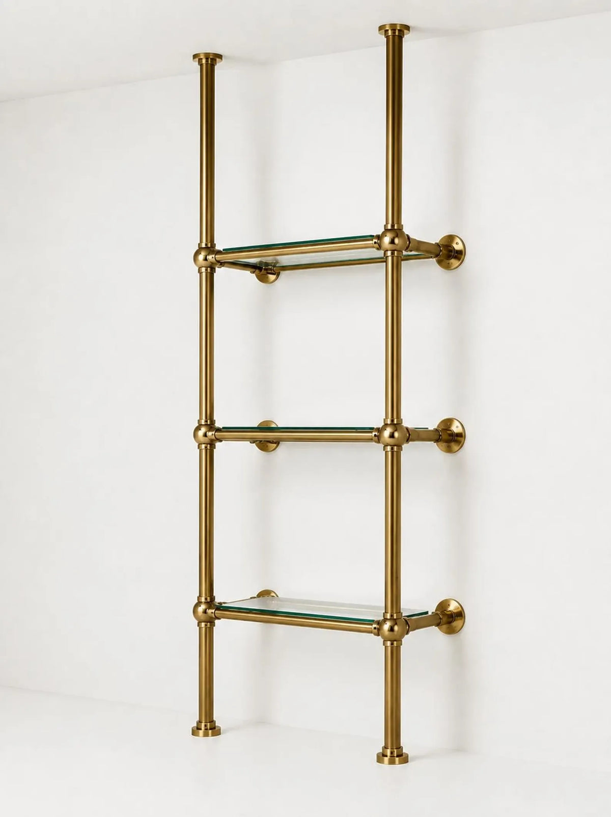 Brass & Glass Ceiling Mounted Shelving | 3-Tier Bar & Kitchen Shelf