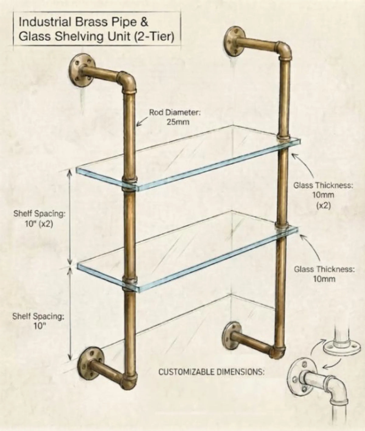 Solid Brass & Glass Wall Mounted Shelving | 3-Tier Custom Shelf