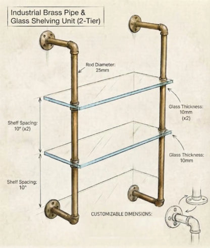 Solid Brass & Glass Wall Mounted Shelving | 3-Tier Custom Shelf