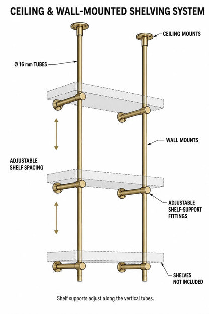 Brass Ceiling Mounted Shef rail | 3-Tier Bar & Kitchen Shelf