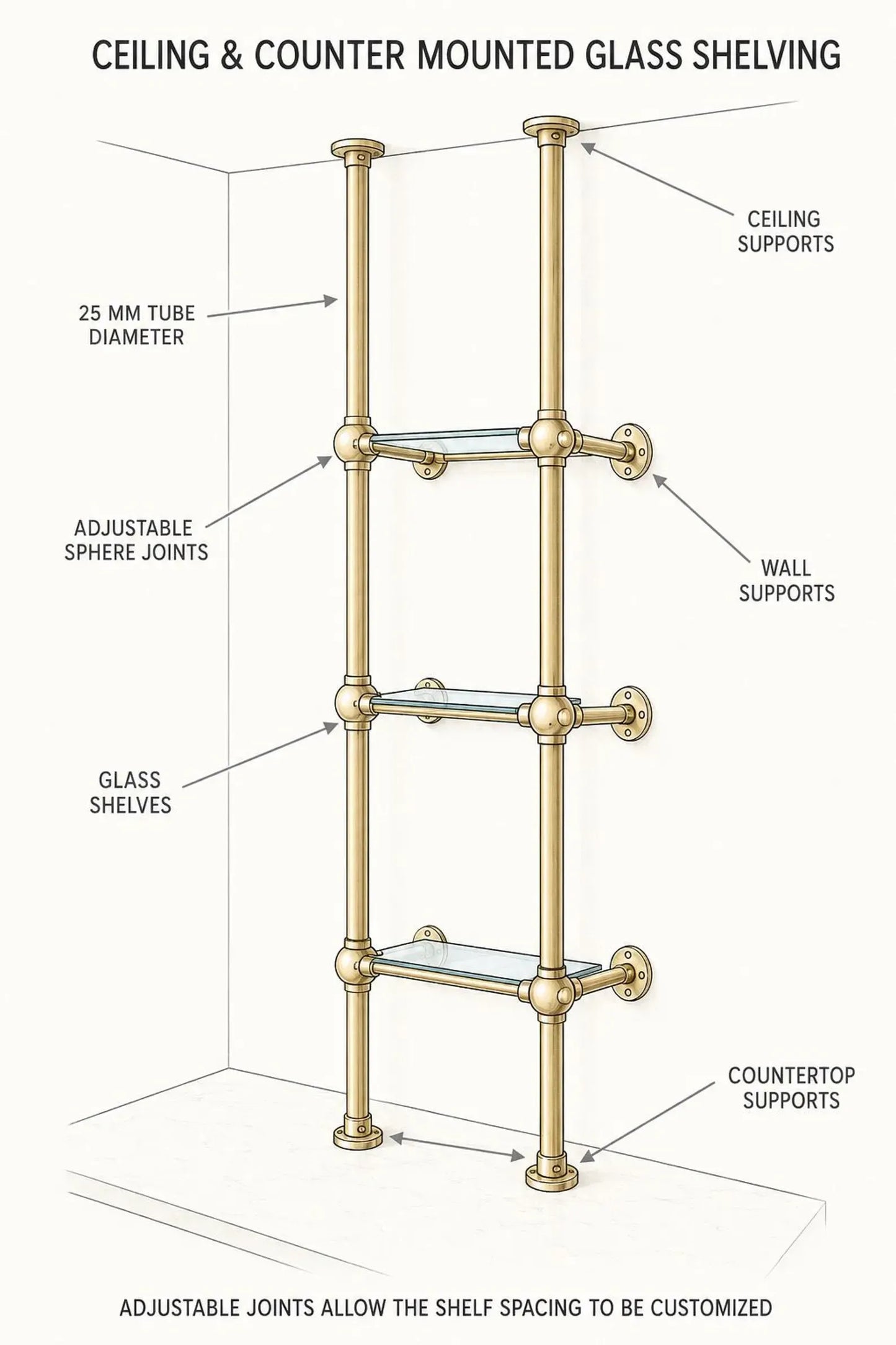 Brass & Glass Ceiling Mounted Shelving | 3-Tier Bar & Kitchen Shelf