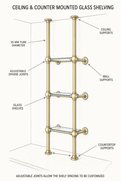 Brass & Glass Ceiling Mounted Shelving | 3-Tier Bar & Kitchen Shelf